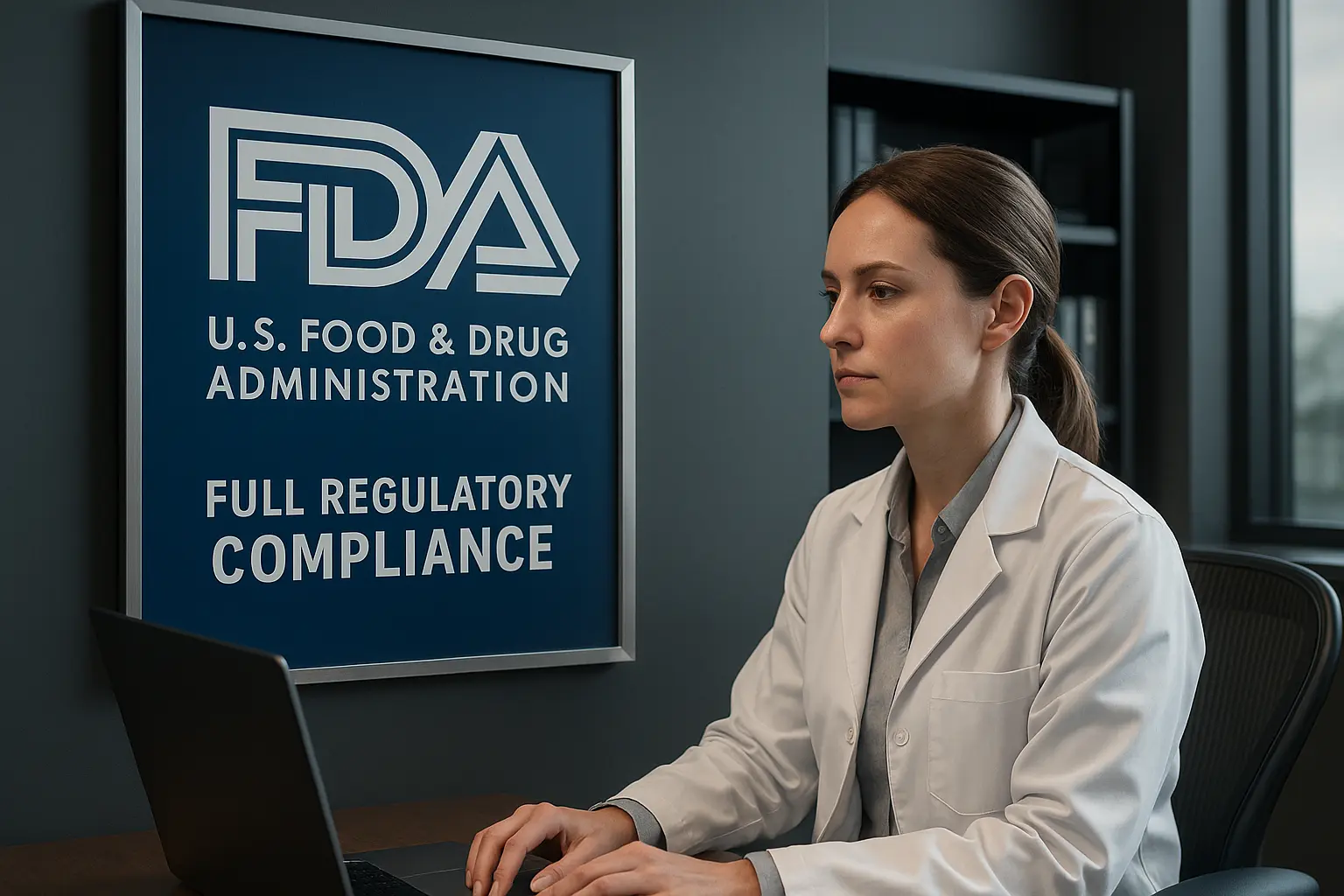 FDA compliance officer in lab coat with FDA signage ensuring regulatory compliance